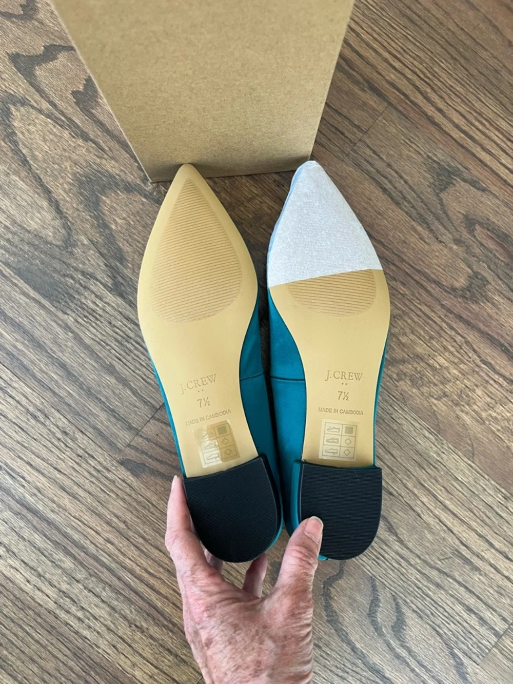 J. Crew Teal Satin Pointed Flats with Pearl-Embellished Buckle